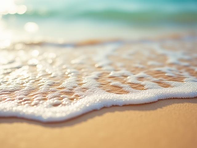 잔잔한 파도가 부서지는 모래사장 클로즈업